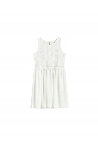 NO BRAND Rochie albă clasică din bumbac ajurat, impecabilă, fără mâneci 152