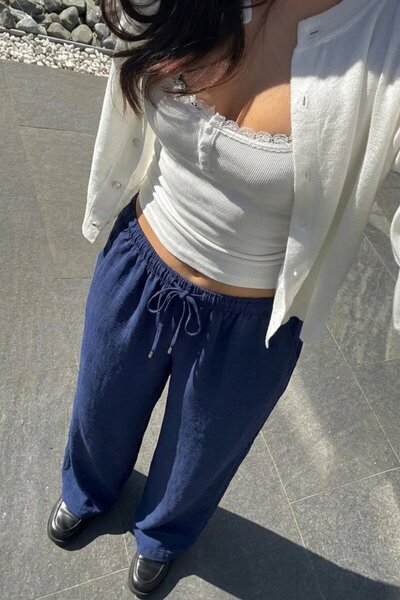DAMGA JEANS بنطلون نسائي صيفي من الكتان باللون الأزرق الداكن