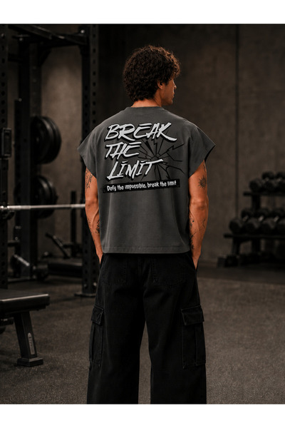 EVIus تي شيرت GYM Sporcu Break the Limit مطبوع بمقاس كبير وقصة مربعة بدون أكم...