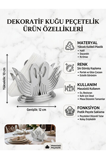 LUCES DESİGN Gümüş Renkli Dekoratif Kuğu Peçetelik Plastik(12x10cm)