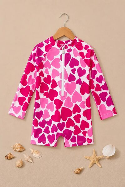 ZUZUNGA Fuchsia Hearts Patterned Long Sleeve Girls' Zippered Jumpsuit Swimsuit