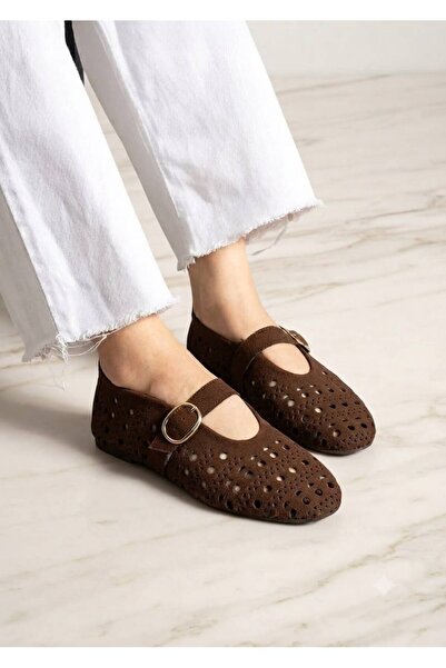 Trendlov Flora Brown Perforated Buckle Ballerinas
