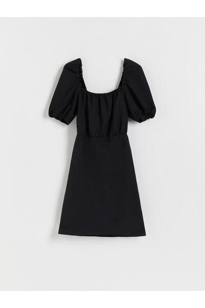 NO BRAND Rochie mini neagră cu mâneci bufante, spate deschis, detaliu cu șnur L