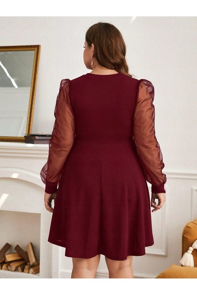 NO BRAND Rochie netedă evazată bordo cu mânecă Shein 52