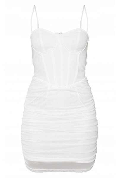 NO BRAND Prettylittlething Rochie de cocktail albă mini, drapată, din plasă 36