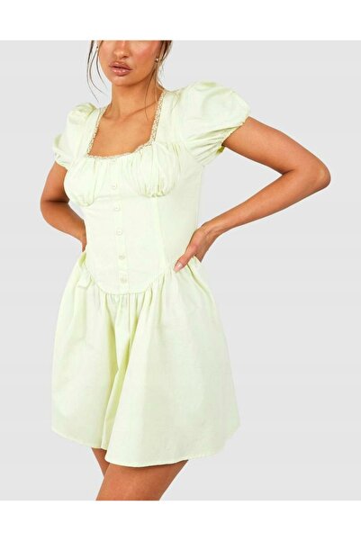 NO BRAND Rochie mini galbenă evazată, decolteu pătrat, mâneci bufante, nastur...