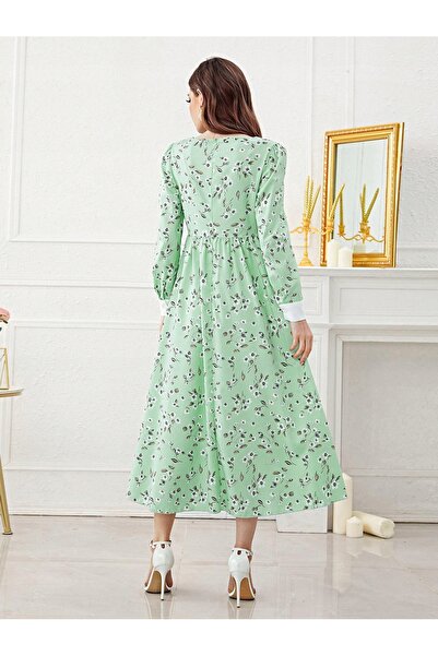 NO BRAND Rochie verde cu imperfecțiuni, decolteu cu legătură, imprimeu floral...