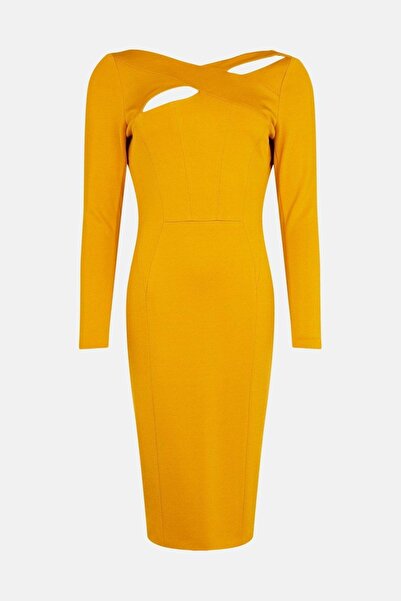 NO BRAND Rochie Galbenă Clasic Mâneci Lungi Decupaje Karen Millen 38