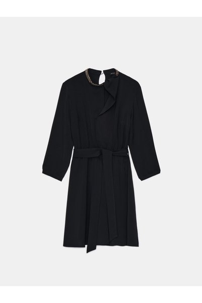 NO BRAND Rochie mini neagră cu detaliu inel la decolteu, mâneci lungi, 36