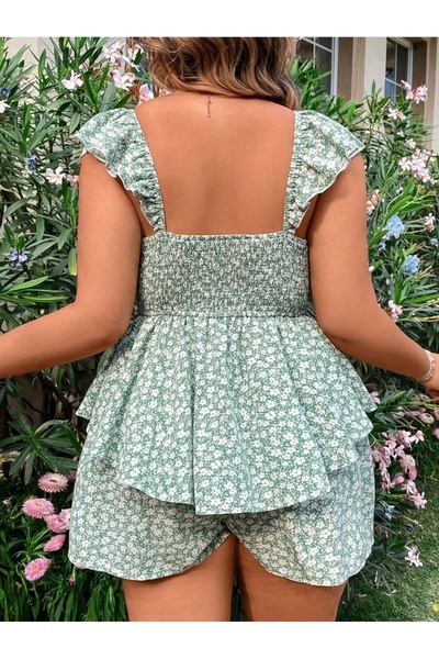 NO BRAND Salopetă scurtă verde cu imprimeu floral alb, mâneci scurte, SHEIN 52