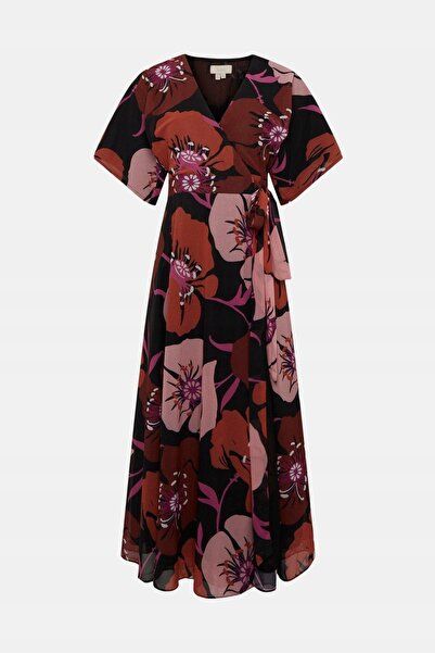NO BRAND Rochie neagră tip clutch, cu imprimeu floral colorat, mânecă scurtă,...