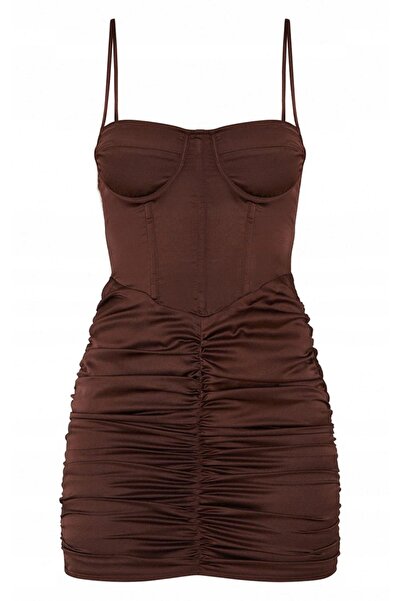NO BRAND Prettylittlething Rochie mini din satin bronz cu bretele cu volane 40