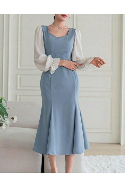 NO BRAND Rochie elegantă albastră lungă cu mâneci decorative Shein m