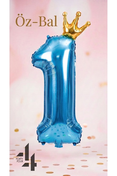 Öz-bal Blue Crowned 1 Year Old Number Foil Balloon Boy's First Birthday Decor...