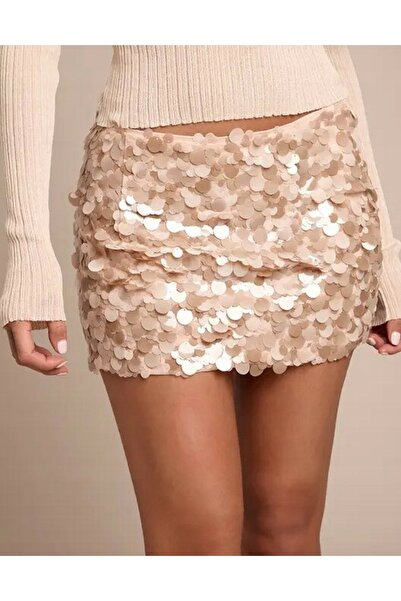 NO BRAND Prettylittlething fustă mini bej cu paiete, talie medie, 36