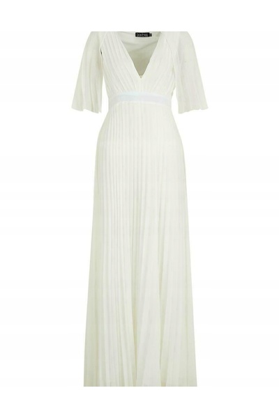 NO BRAND Boohoo 38 Rochie Maxi Albă Plisată cu Decolteu în V, Clasică și Fluidă