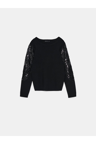NO BRAND Pulover negru neted, cu guler rotund, mâneci lungi decorate cu paiet...