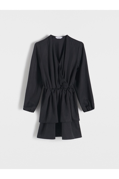 NO BRAND Rochie mini neagră uni, clasică, cu volane, mâneci lungi, mărimea S.