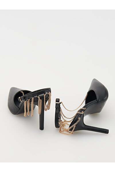 NO BRAND Pantofi de gleznă cu toc stiletto, decorate cu lanțuri, vârf ascuțit...