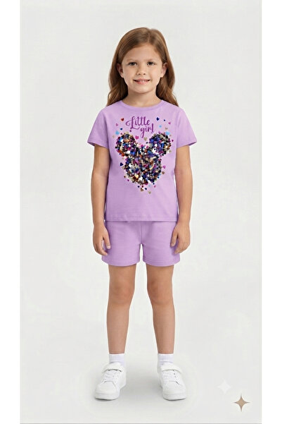 LİTTLE TORTOİSE Little Girl Heart Printed Colorful T-Shirt-Shorts Set