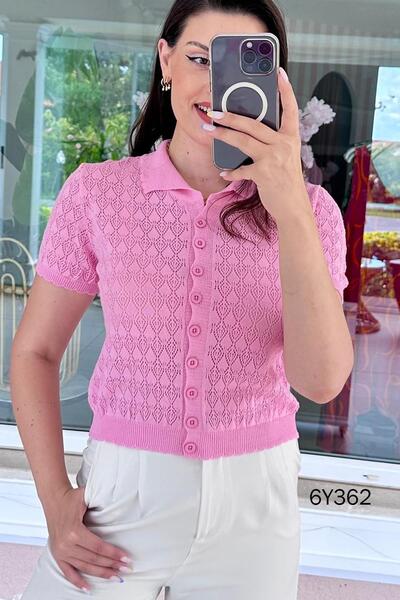 İnce Topuk Polo Collar Openwork Knitwear Cardigan 6Y362