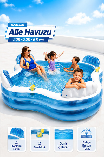 YILDIRIM OYUNCAK Koltuklu Aile Havuzu 229x229x66 cm – 4 Koltuklu Büyük Boy Şi...