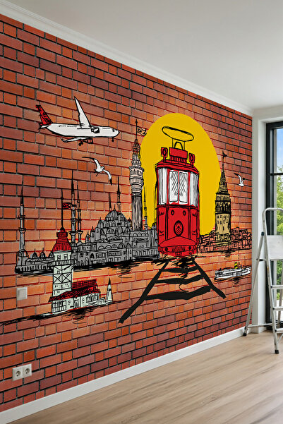 dreamwall İstanbul Silüeti, Kırmızı Tramvay ve Tuğla Duvar Desenli Tek Parça ...
