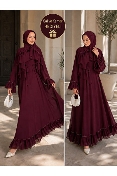 MY QILAM Kadın Tesettür Abaya Ferace Safir Taşlı Fırfır Detaylı Şal ve Kuşak ...