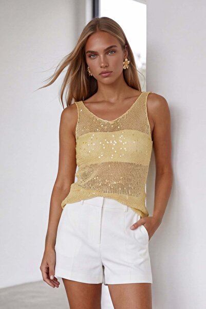 Trend Alaçatı Stili Women's Yellow Glittery Loose-Fit Strappy Knitwear Blouse...
