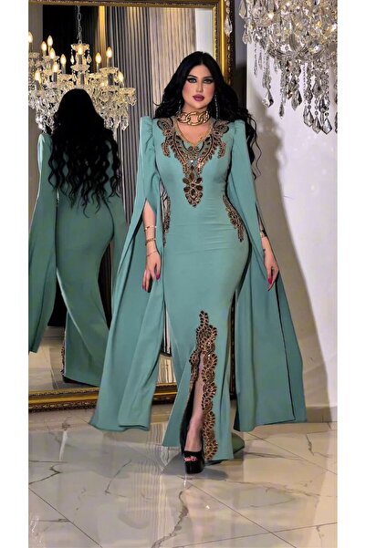 ZENABİYEM Zena Fashion Nakış İşlemeli Pelerin Kollu Balık Abiye Elbise