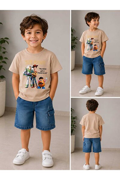 Hafez Kids تي شيرت مطبوع عليه Toy Story للأولاد، شورت جينز بخمسة جيوب، طقم تي...