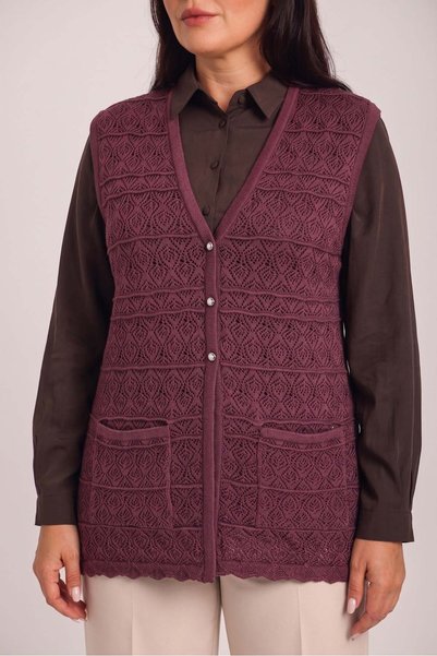 Uludağ Triko Women's Burgundy Lace Knitted Patterned Buttoned Pocketed Vest