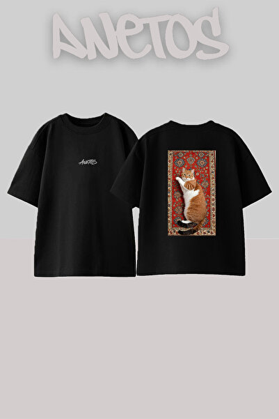 Anetos Orange Cat Design Back Printed Cotton Black Oversize T-Shirt