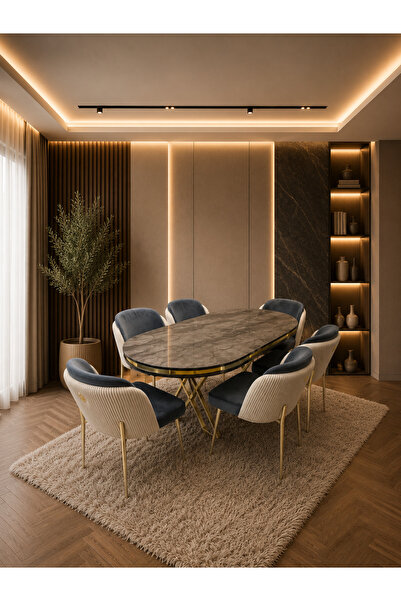 Concept Ayz Home Lara Gold Serisi Krem-Füme Kumaş 6 Kişilik 90×168 Oval İrony...