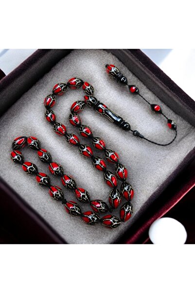 İnan Tesbih Silver and Enamel Inlaid Barley Cut 10X14 mm Large Size Kuka Pray...