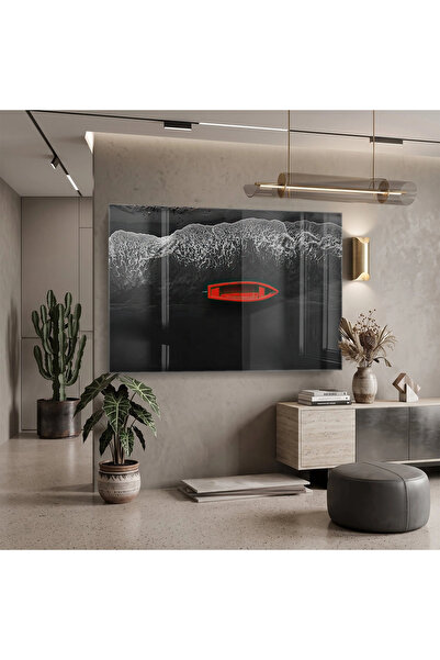 KOLAJTASARIM Deniz Bot Deep Black Red Tablo cu o singură sticlă pentru decora...