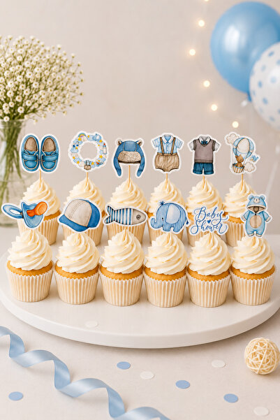 Charmira Store Erkek Bebek Cupcake Süsü 10+2 Adet Mavi Baby Shower Diş Buğday...