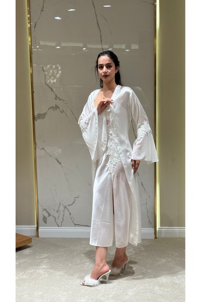DAWN LİNE 2 Piece Cross Strap Satin Nightgown Dressing Gown Set Floral Lace Slit Dowry Dress Backless Set Flounce Sleeve