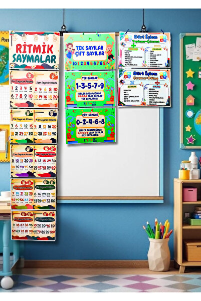 Kozalak Tasarım Ritmik Sayma Tek Çift Sayılar Dört İşlem Afişi tam set Okul v...