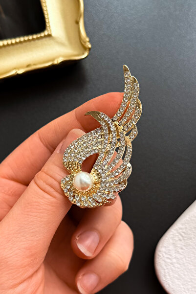 MADAM PEONY Gold Renk İncili ve Zirkon Taşlı Kanat Tasarım Kadın Broş Yaka İğnesi