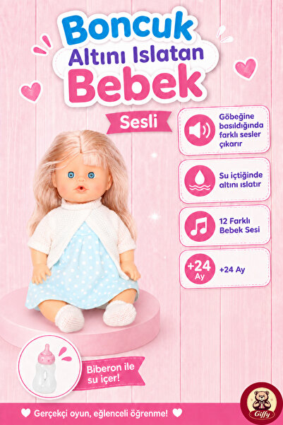 giffy Oyuncak 30 Cm Sesli Altını Islatan Boncuk Bebek Biberonlu Emzikli 12 Fa...