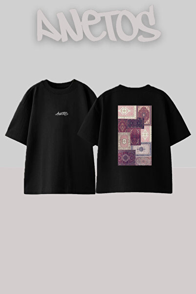 Anetos Oriental Carpet_1 Design Back Printed Cotton Black Oversize T-Shirt