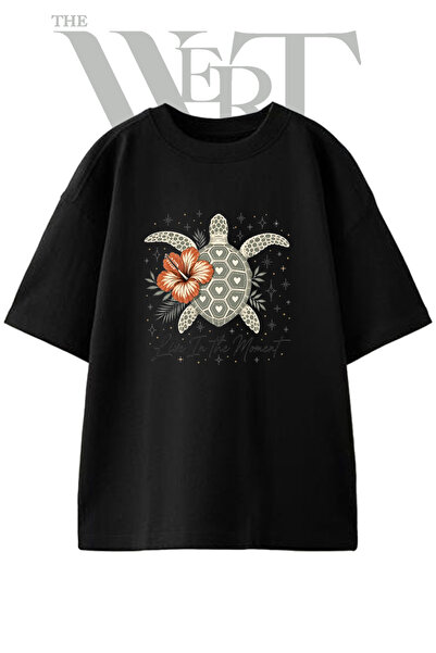 THEWERT Μπλουζάκι Unisex Μαύρο Oversize με σχέδιο Θαλάσσιας Χελώνας και Ιβίσκ...