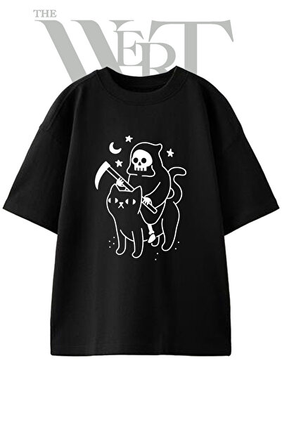 THEWERT Tricou negru oversize unisex cu imprimeu Grim Reaper Cat Design