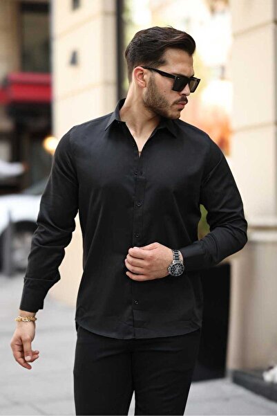 Genel Markalar Dar Kesim Slim Fit Spor Siyah Uzun Kollu Gömlek