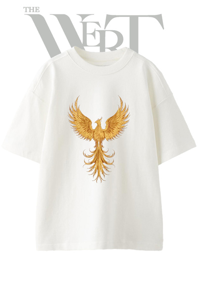 THEWERT Tricou oversize alb unisex cu imprimeu Golden Phoenix Design