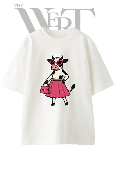 THEWERT Tricou oversize alb unisex cu imprimeu cu design de vacă, la modă