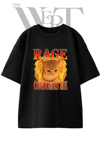 THEWERT Μπλουζάκι Rage Cat_1 με στάμπα σχεδίου, Unisex, μαύρο, oversized