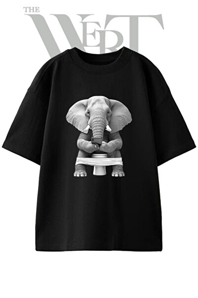 THEWERT Μπλουζάκι Unisex με στάμπα Elephant Toilet Design, Μαύρο, Oversize