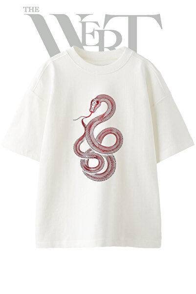 THEWERT Tricou oversize alb unisex cu imprimeu Red Snake Design